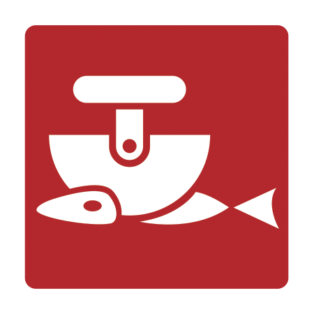 Red icon showing an ulu (Inuit knife) and a fish to symbolize Inuit food systems.