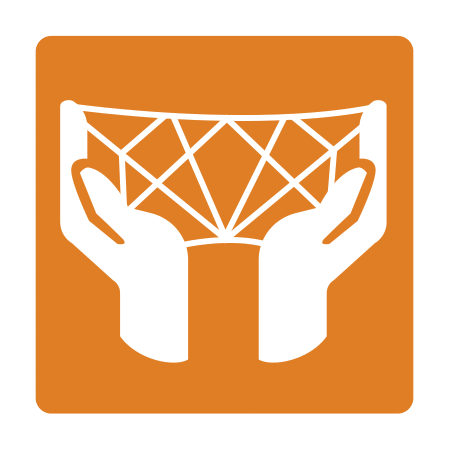 Orange icon showing hands holding a net to symbolize Inuit infrastructure adaptations.