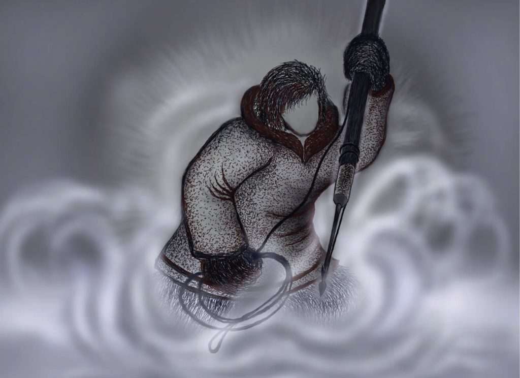 Illustration of a figure dressed in traditional Inuit clothing, holding a harpoon with mist swirling around them.