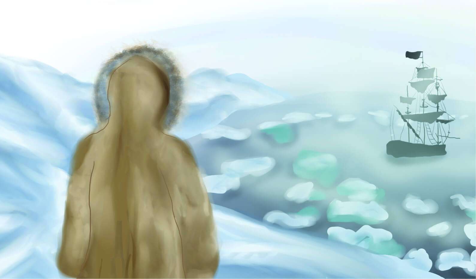 Illustration of a figure dressed in traditional Inuit clothing looking out at a ship sailing in icy waters