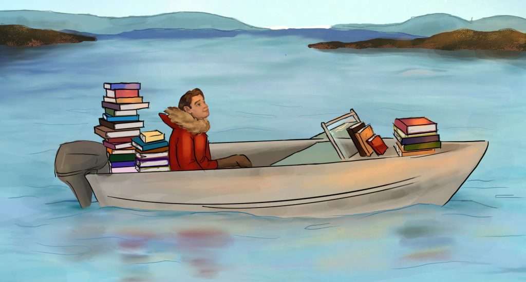 Cartoon illustration of author wearing a red parka with a fur-lined hood, sitting in a small boat surrounded by stacks of books. The boat is floating on calm blue water, with distant hills visible on the horizon.