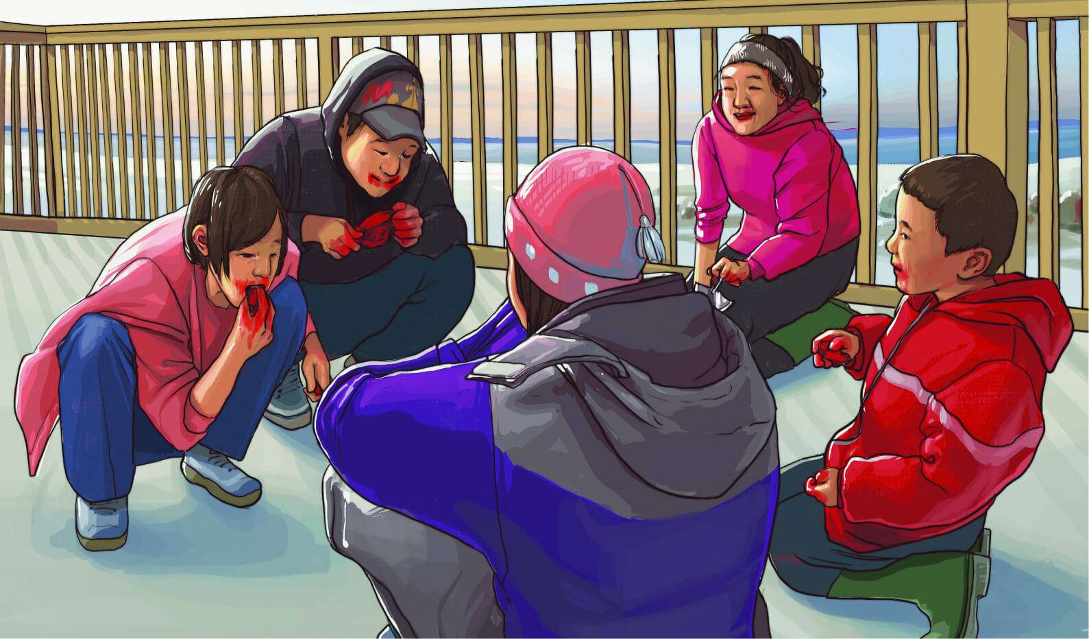 Illustration of children sitting together, eating seal and laughing, outdoors on a porch. Red smeared across their faces.