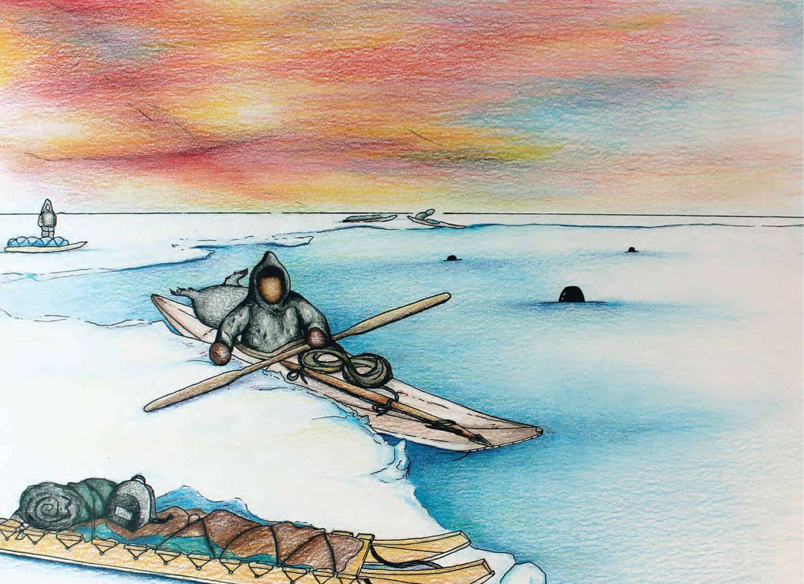 A drawing of an Inuit hunter paddling a kayak near the edge of the ice, with a seal on the kayak and a vibrant sunset in the background. Another figure in a kayak can be seen in the distance.