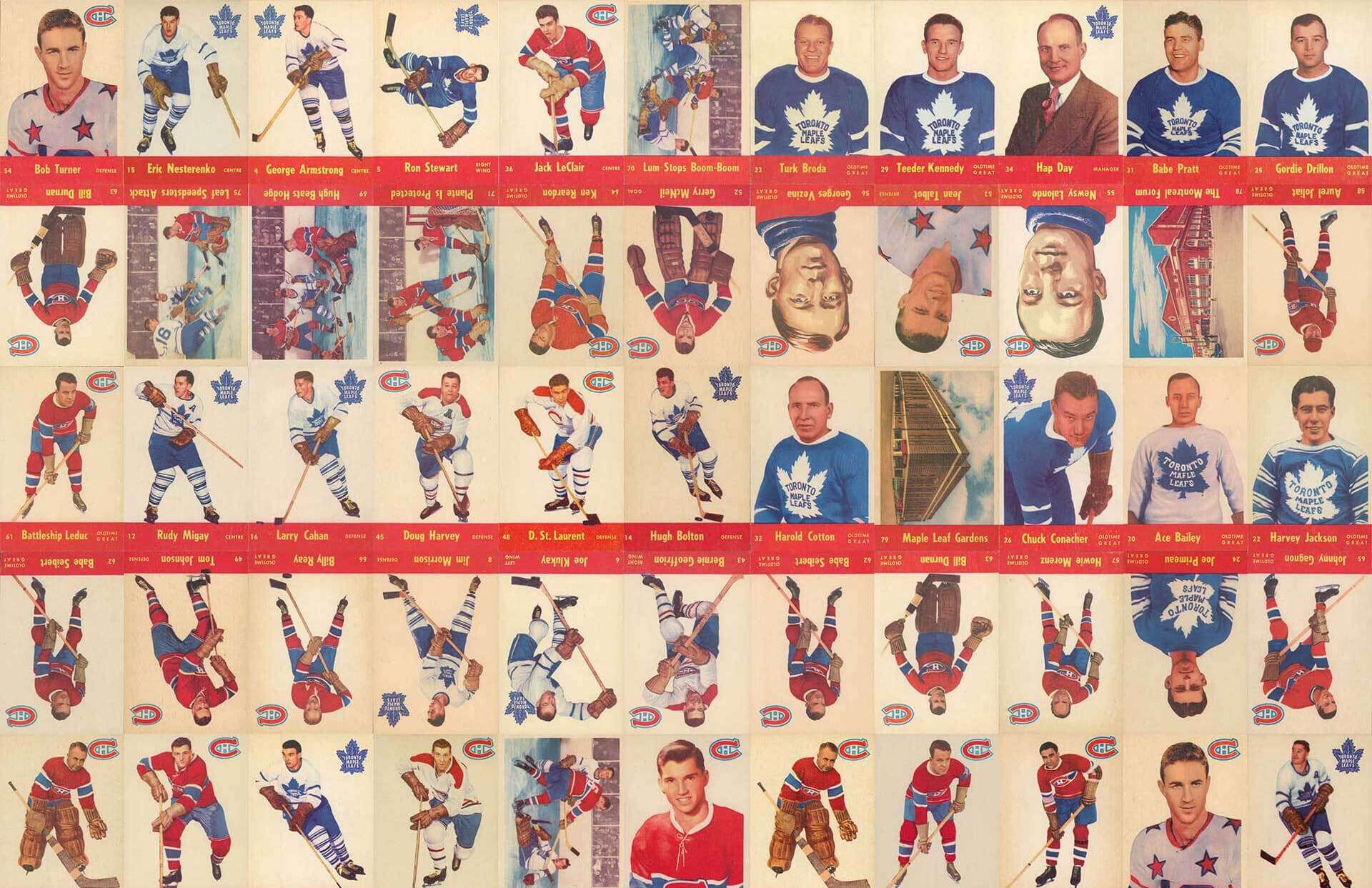 A colorful vintage hockey card collection featuring players from teams like the Toronto Maple Leafs and the Montreal Canadiens. Each card displays an illustration or photograph of the player, with some cards flipped upside down, creating a puzzle-like appearance. The names of the players, their teams, and stats are shown below their images. The layout gives a nostalgic glimpse into the classic era of hockey trading cards.