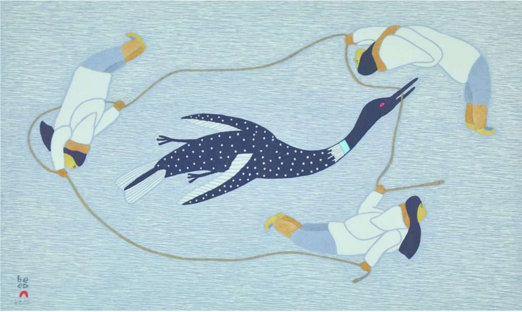An illustration featuring three figures wearing traditional Inuit clothing, each holding a rope that encircles a large bird with a long neck and dotted feathers, symbolizing a hunting scene. The figures appear to be working together to capture the bird in a stylized, abstract representation.