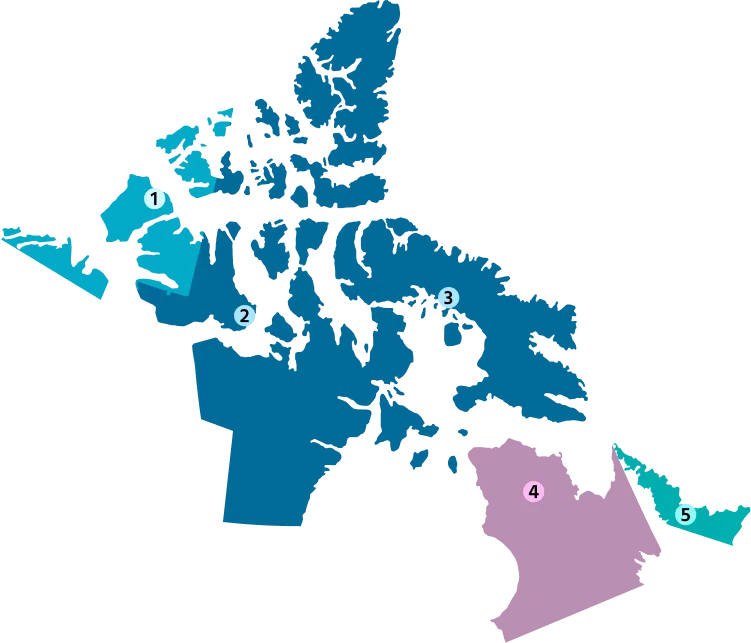 Map of Inuit Nunangat showing the broad regional dialects of Inuktut.